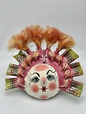 Vintage Coconut Shell Hand Painted Mask Woman With Hair Made Mexico Pink Green picture
