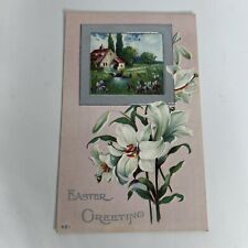 Antique Postcard Easter Greetings Flowers Farm Unposted Embossed Divided Back picture