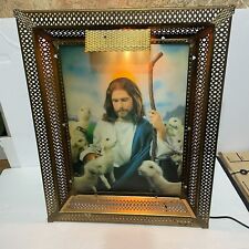 VINTAGE METAL FRAMED LIGHTED RELIGIOUS PICTURE JESUS PRINT LENTICULAR SHEPARD picture