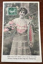 ATQ c.1908 RPPC Tinted Postcard April Fools Day Pretty Woman Holds Huge Fish picture