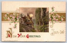 Winsch~New Year Greetings~House In Valley & Full Moon~Embossed~Vintage Postcard picture