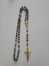 Vintage Cloisonne Crucifix Rosary Necklace Black & Pink Gold Tone Beads picture