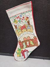 Vintage BERNAT TABRIZ Cross Stitch Christmas Stocking 3 BEARS IN BED 15.5” Long picture