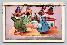 BEST EASTER WISHES BRAND NEW BONNET DRESSED RABBITS WHITNEY POSTCARD picture