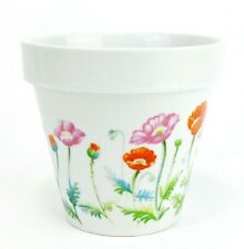 Vintage Flower Pot Ceramic Vase Indoor Gardening White w/ Bright Poppies picture