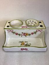 Vintage Porcelain Floral Painted Ink Well Made In France 1940’s 2.5 X 6 X 4.5 picture