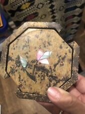 Soapstone Coasters w/ Mother Of Pearl Flower Vtg Set of 6 w/ Holder Octagonal picture