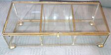 Vintage Clear Glass & Brass 3 Compartment Trinket Box Footed w/ Hinged Lid picture