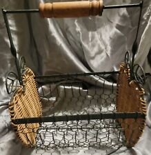 Apple Shaped Sides Wicker Basket Black Metal Wire and Wooden Handles picture