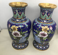 Beautiful Matching Pair Of Vintage Chinese Cloisonné Vase’s Birds & Flowers picture