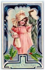 c1910's Christmas Cute Girl Doll Umbrella Holly Berries Embossed Postcard picture