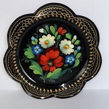 VTG Tole Hand Painted Lacquer Russian Plate Floral Design, Signed picture