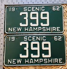 1962 New Hampshire License Plate 399 PAIR Decor Low Number Green White ALPCA picture