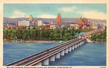 Harrisburg, PA, Skyline & Susquehanna River Bridges, 1932 Vintage Postcard e5519 picture