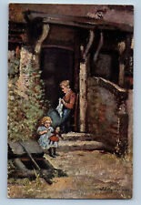 Postcard On The Doorstep Mother and Kid c1910 Unposted Oilette Tuck Art picture