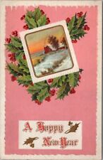 HAPPY NEW YEAR Embossed Postcard House Scene / Holly Leaves / UNUSED - BS c1910s picture