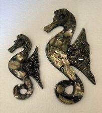 Two Vintage Mid Century Lucite SEAHORSE Wall Plaque Abalone Shell 6 & 8” picture