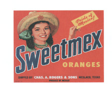 Pride of Mexico Oranges Sombrero Woman Texas Fruit Crate Label Repro Sweetmex picture