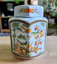 Vintage Hexagonal Tea Caddy Ginger Jar With Lid  With Birds Orange Floral And... picture