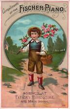 Adorable BOY BRINGS FLOWERS On Colorful FISCHER PIANO Victorian Trade Card picture