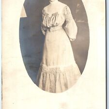c1900s UDB Lovely Lady Stand RPPC Dress Real Photo Glasses Spectacles A160 picture