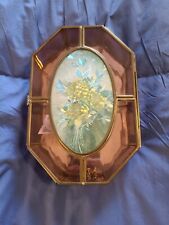 VTG BRASS STAINED PURPLE GLASS JEWELRY BOX MIRRORED BOTTOM HINGED LID FLORAL  picture