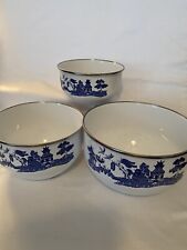 Vtg Set of 3 Enamelware White and Blue W/Classic Pagoda Asian Scene Bowls picture