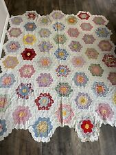 Vintage Grandmother's Flower Garden Quilt TOP Upcycled? Feedsack? Fabric 60x89 picture
