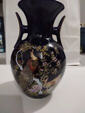 Vintage Golden Peacock Japanese Double Handle Vase Black picture