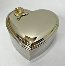 VTG 90s Silver/Metal Heart Trinket Jewelry Box White Lined Storage w/ Gold Bow picture