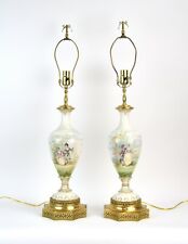 Pair Fine Hand Painted Porcelain Vase Lamps Watteau Style Scenes Lovers Serenade picture