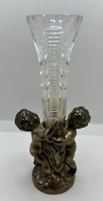 Vtg Italian Metal Cherubs Torchiere Vase w/Etched Crystal Insert picture