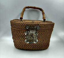 Vintage Asian Chinese Basket Woven Wicker Tea Basket Purse Metal Hardware picture