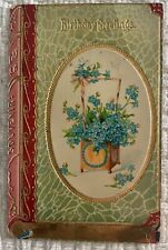 Birthday Greetings Souvenir Book postcard forget me nots in oval gold gilt picture