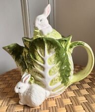 Vintage Majolica Porcelain Decorative Bunny In Cabbage Leaf W/ Baby Bunny Teapot picture