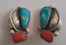 Old Southwestern Native American Turquoise & Coral Sterling Silver Clip Earrings picture
