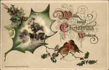 Christmas Horse Birds Holly Embossed Winsch c1912 Postcard picture