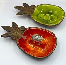 Pair of TREASURE CRAFT 1963 Orange and Green Pineapple Ashtrays w/Label picture