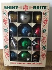 Shiny Brite Christmas Ornaments Original Box 11 Round 1  1/2” Colors and 1 Bell picture