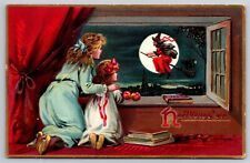 Halloween Postcard Mother & Child Watch Witch Flying By Moon Fantasy Tucks 150 picture