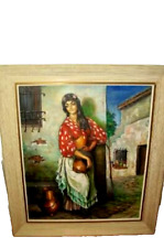 1950s MCM MEXICAN SENORITA OIL PAINTING LADY ADOBE ARCHITECTURE STUNNING DETAIL picture
