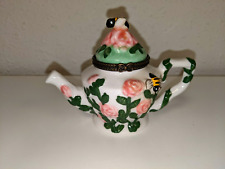 Vintage Teapot Jewelry Trinket Box Hinged Enamel Hand Painted Bee Flowers kitsch picture