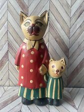 Carved Wood Folk Art Cat Figurine Statue Cats Momma And Kitten picture