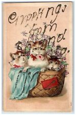 Greetings From Roland Iowa IA, Cat Kitten In Basket Glitter Embossed Postcard picture