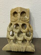 Vintage Hand Carved Natural Soapstone Figurine Mystic Mini Owl Within Owl Statue picture