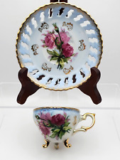 Vintage Lusterware Pink Rose Footed Iridescent Teacup w/Lattice Saucer Gold Trim picture
