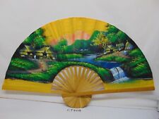 Handpainted 39 1/2 Asian bamboo Fan Wall Hanging Village With River & Huts Folk picture