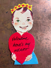 Young Prince King Crown Heart Vintage Valentine Card c 1950s Unused Die Cut NOS picture