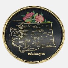 Vintage Washington Souvenir Metal Tray State Map Flower Rhododendron Black Gold picture