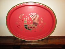 VTG Maxey Red Oval Metal Serving Tray Black & Gold Trim Peacock MCM good cond picture